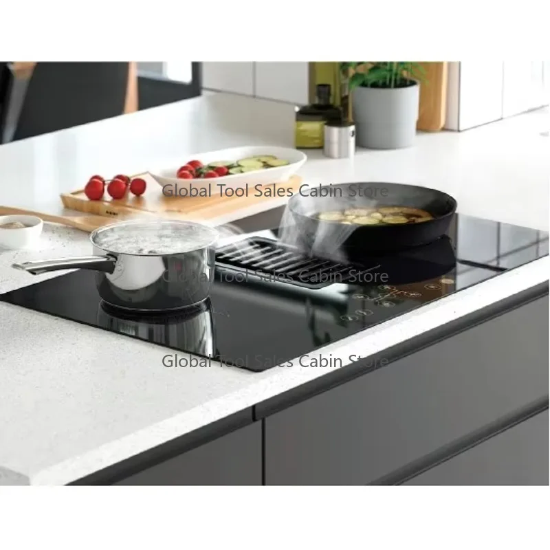 36-Induktions-Downndraft-Kochfeld aus schwarzem Glas, Induktionsherd mit Dunstabzugshaube Image