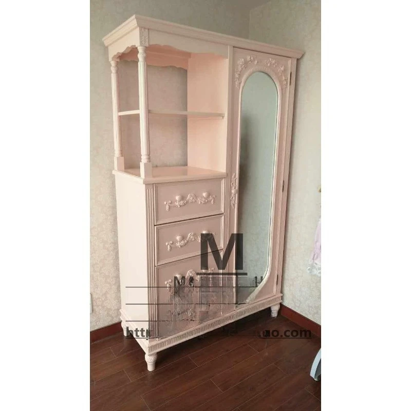 Europäischer Kleiderschrank aus Massivholz, amerikanischer Retro-Aufbewahrungsschrank, französischer Spiegel, Massivholz-Schnitzerei, Blumen-Kleiderschrank