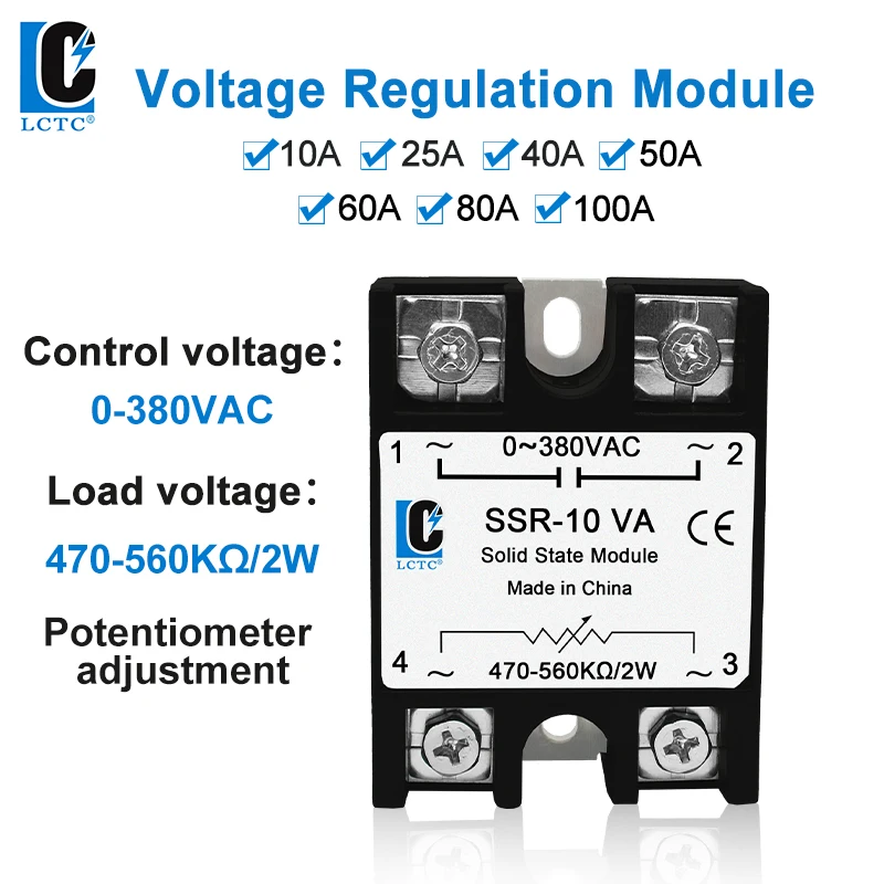LCTC SSR Halbleiterrelais Spannungsregler Einstellbar 10A 25A 40A 50A 60A 80A 100A VA Einphasiges 0-380VAC Potentiometer Image