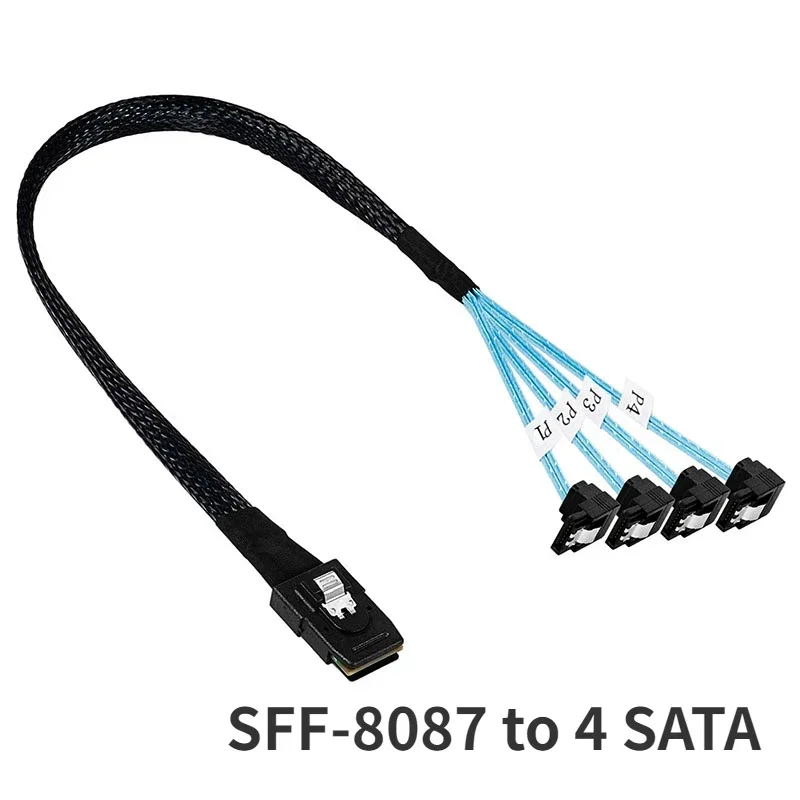 Internes Mini SAS SFF-8087 auf 4 SATA 3.0 rechtwinkliges Konverterkabel 36-Pin auf 4 SATA 7-Pin 6 Gbit/s Festplatten-Serverkabel Image