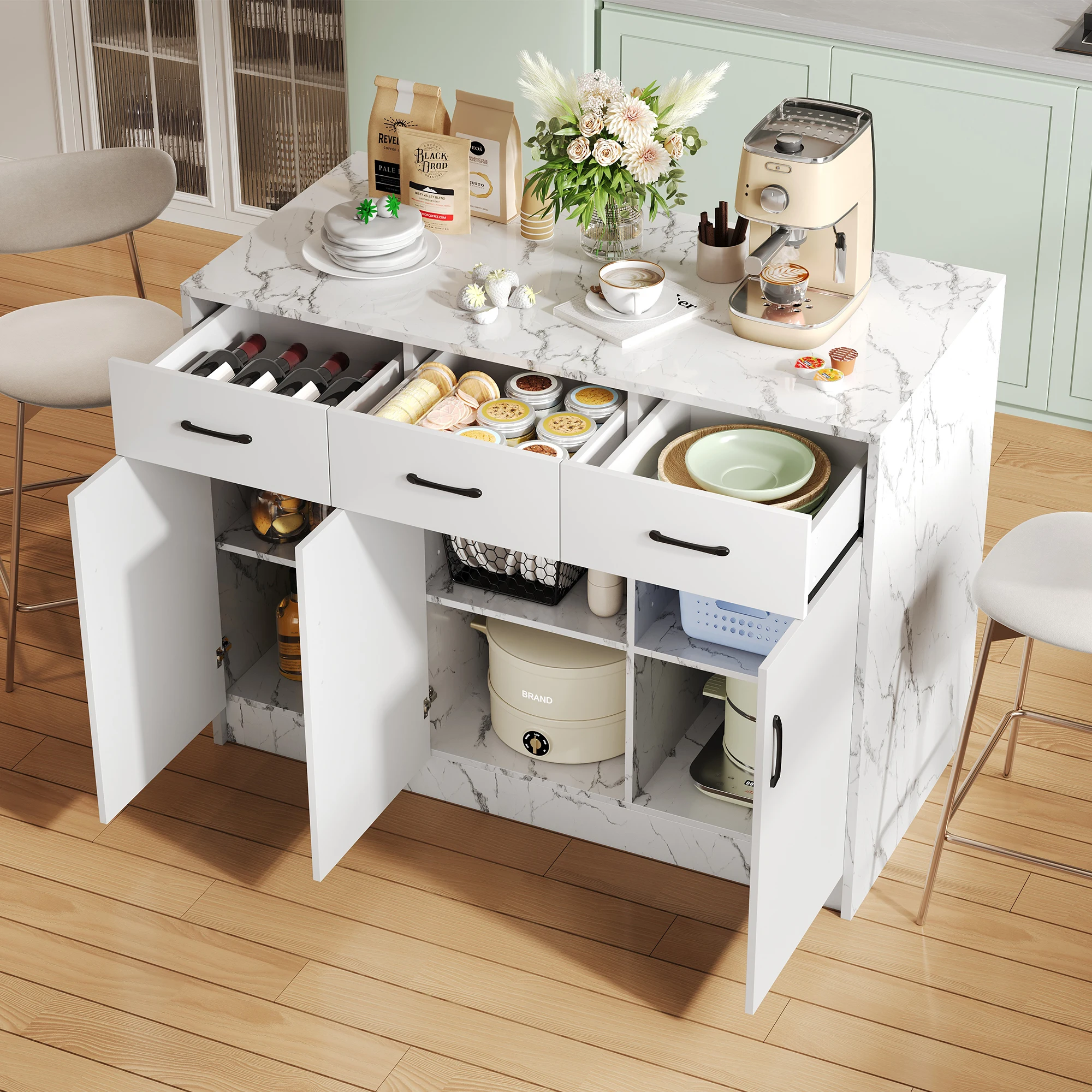 Große Kücheninsel 120 x 60 x 90,5 cm, 3 Schubladen und 3 Türen, Design aus weißem Marmor, verstellbare Regale, leise Schubladen Image