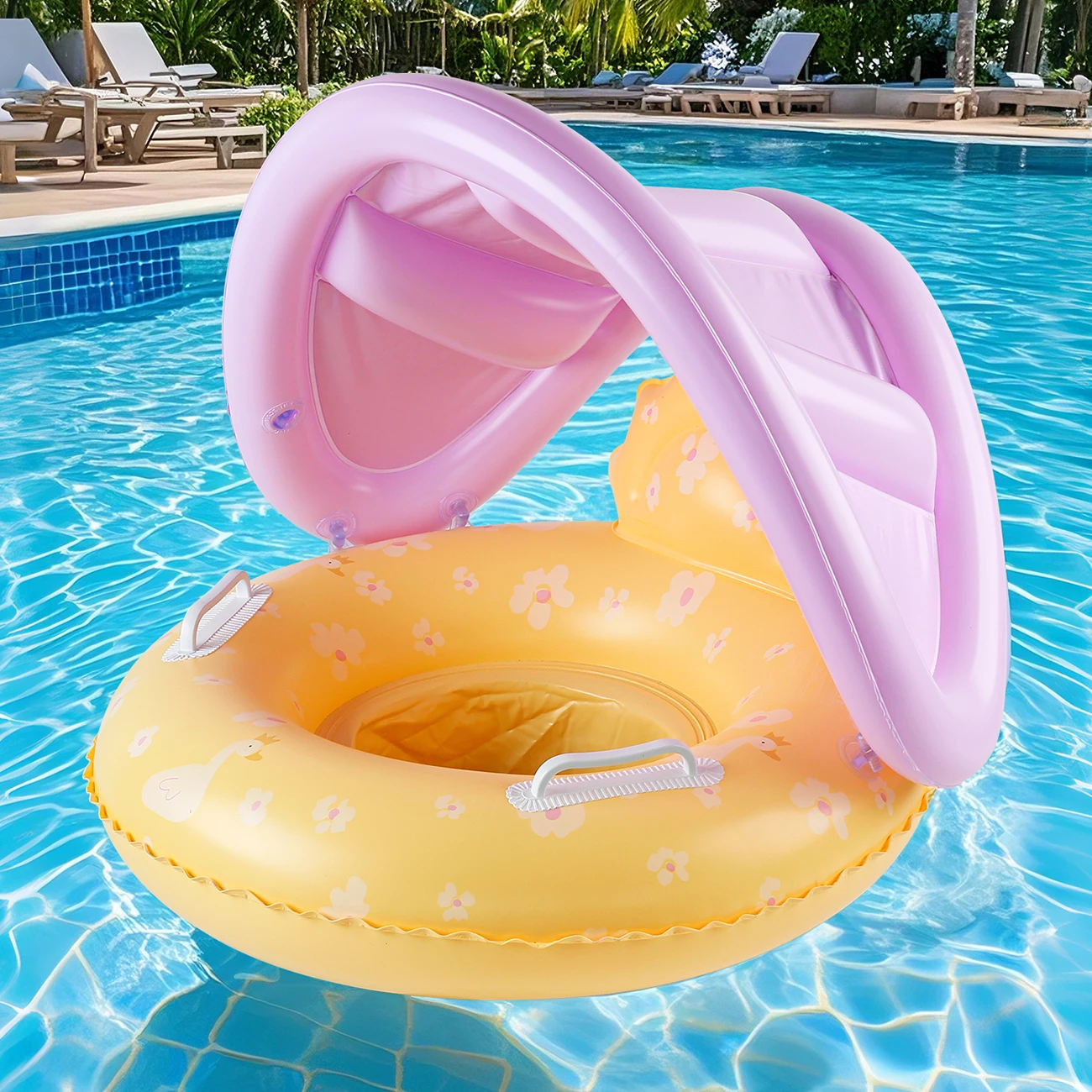 1 x aufblasbarer Poolschwimmer mit gelbem Baldachinsitz, für schwimmendes Sommer-Poolwasser Image