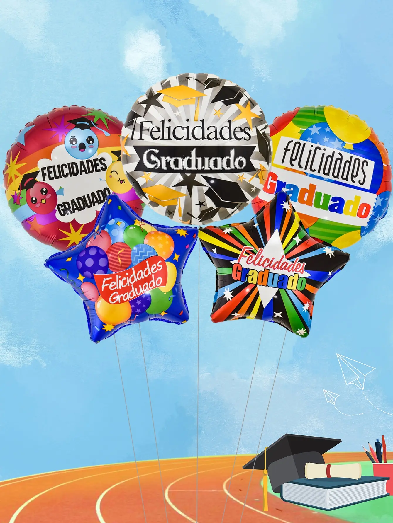5 Stück 18 Zoll Spanische 'Congrats Grad' Ballons Sternförmig Rund 'Felicidades Graduado' Ballon Abschlussfeier Dekorationen Schulabschluss Image