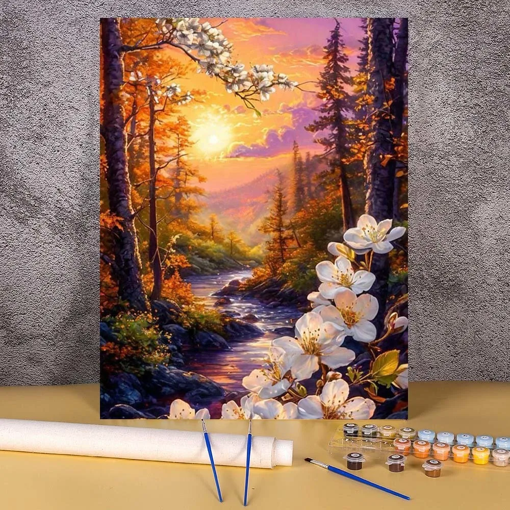 Sonnenuntergang Wald Malen nach Zahlen Zeichnung auf Leinwand handgemalt Kunst Geschenk DIY Malen nach Zahlen Landschaft Kits Home Dekoration Image