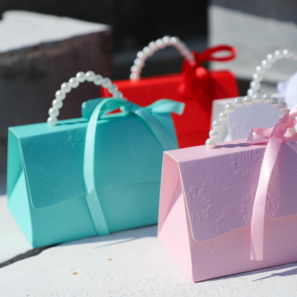 5 Stück süße Perle Handtasche Pralinen schachteln mit Band für Baby party Hochzeit Geburtstags feier begünstigt Box Geschenk verpackung Tasche Image