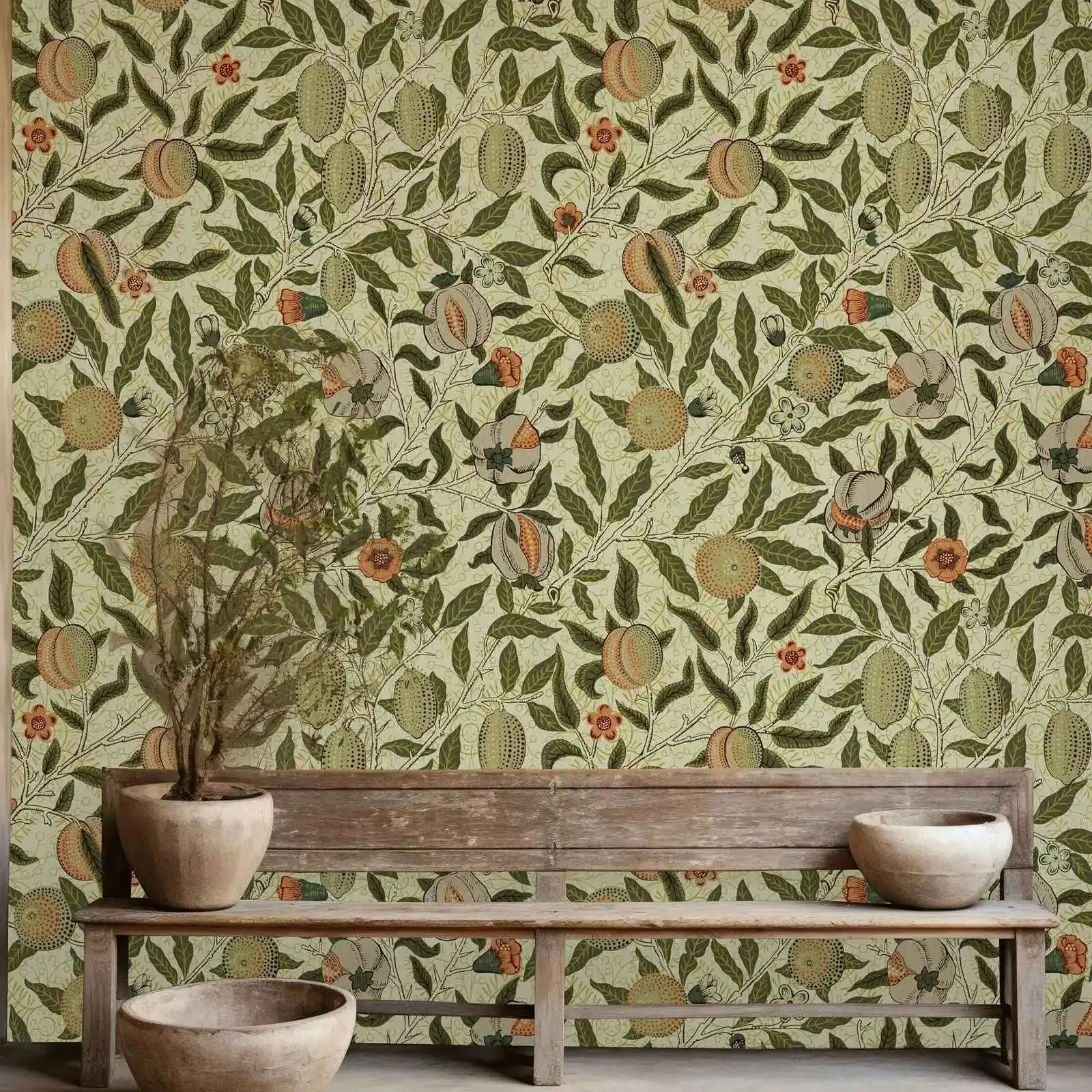 William Morris Obst-Tapete, Mandarine auf Pergamentpapier, Wandtapete für Raumdekoration, selbstklebend oder traditionelles Vintage-Wandbild Image