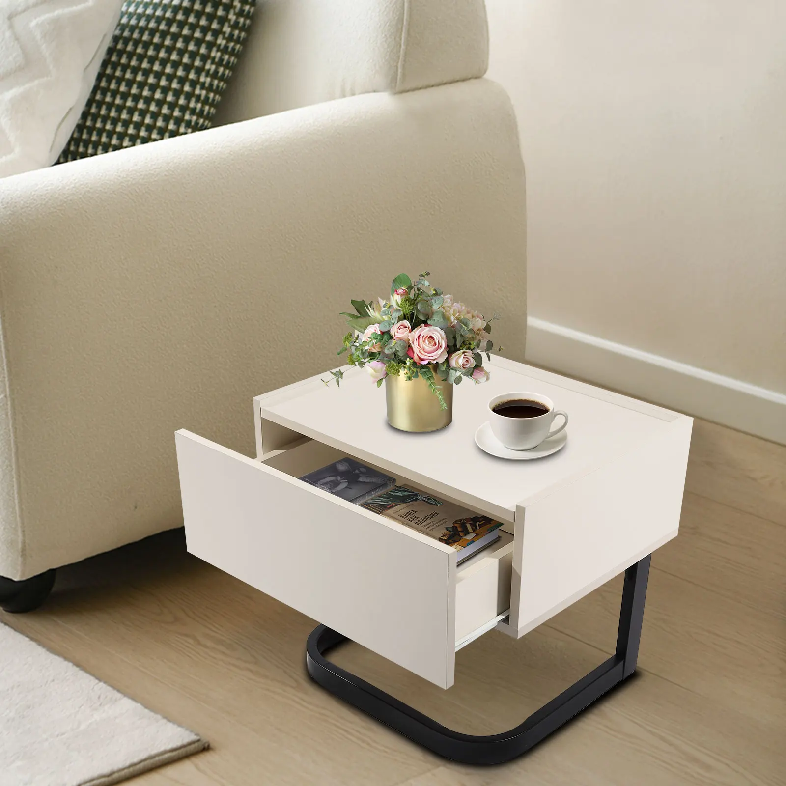 Moderner MDF-Nachttisch mit einer Schublade, offenem Staufach, hoher Tragfähigkeit, einfacher Montage und einfacher Reinigung für zu Hause Image