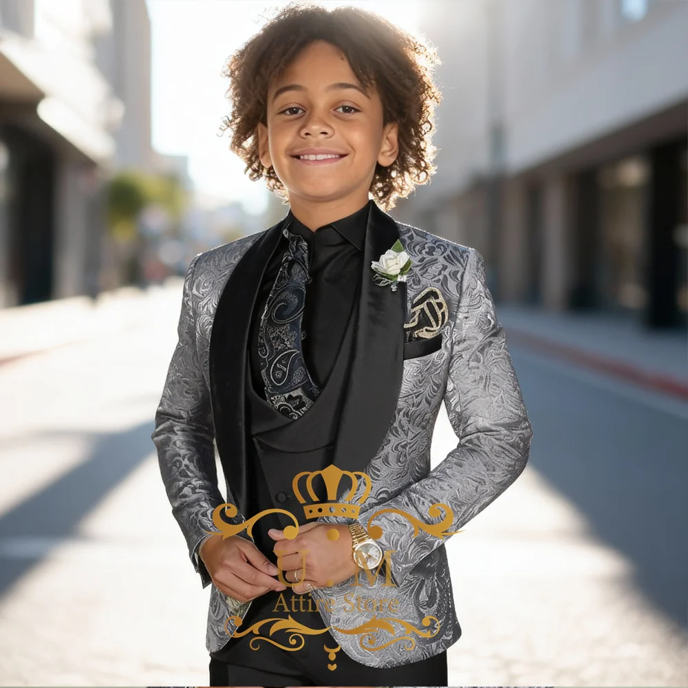 Graues Jacquard-Set für Jungen, 3-teilig, schwarzes Satin-Schal-Revers-Jacke, Weste und Hose, individuelles Set für Hochzeitsball, Kinder-Abendkleid