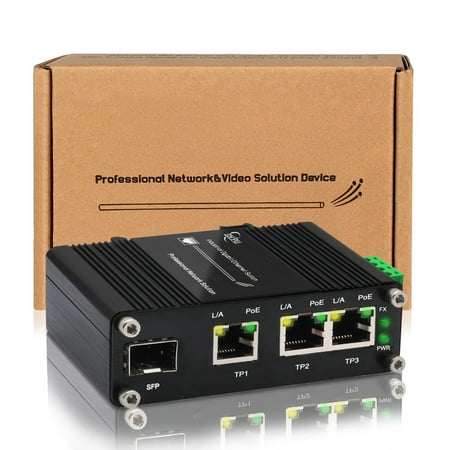 Mini 4 Ports Gigabit Industrial Fiber Ethernet Solar PoE Switch Hardened with 100/1000M Adaptive SFP Din Rail/Wall Mount VoIP/RV Truck Boost Voltage 9-58V to 48V Max 90W