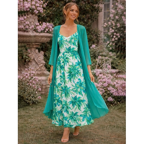 Damen Kleid-Set A Linie Kleid Elegant Urlaub Blumen Grafik Geschichtet Druck Midikleid Langarm V Ausschnitt Täglich Urlaub Blau Rosa Dunkelpink Sommer Frühling Normale Passform Image