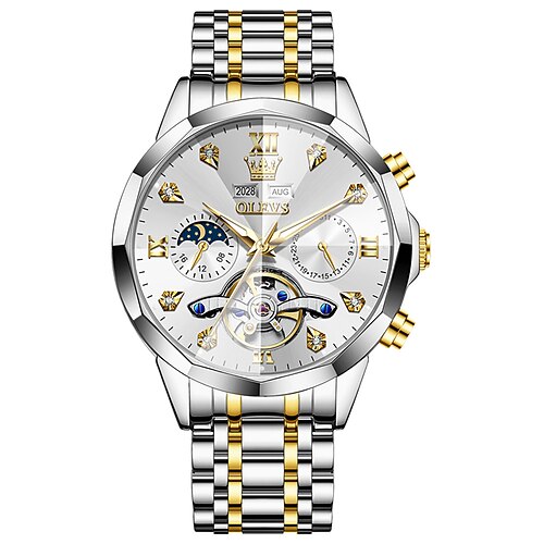 Olevs 6621 Herrenuhr, Originalmarke, automatische mechanische Business-Uhr, wasserdicht, Leuchtzeiger, ewiger Kalender, Mondphase, Edelstahl Image