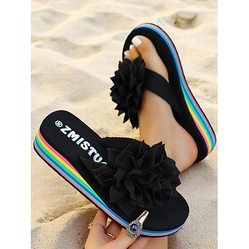 Damen-Flip-Flops mit Regenbogen-Plateau und großer rosa Blume, farbenfrohe Strandsandalen für den Urlaub, Teenager und junge Erwachsene, lässiger Sommerstil Image