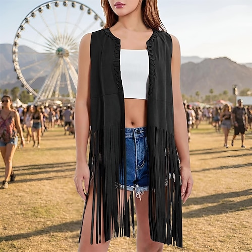 Retro Vintage 1970er Disko Wildlederweste Hippie Disco Quastenfransen Kostüm Damen Halloween Karneval Maskerade Musikfestival Leistung Pride Parade Erwachsene Image