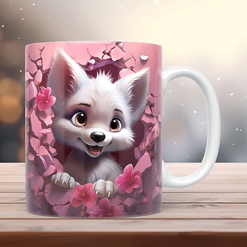 Niedlicher 3D-Kaffeebecher (325 ml) mit Katze, Kaninchen und Vogelmotiv, isolierter Keramikbecher, wiederverwendbar, nur Handwäsche, bezauberndes Tierdesign mit Blumen, perfektes Geschenk für Image