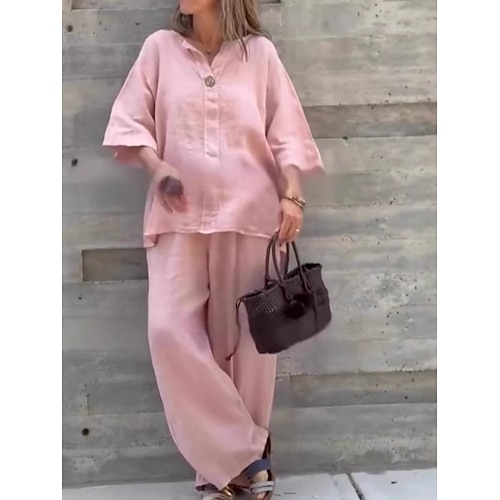Damen-Hosen-Set aus Leinenimitat mit Bolero-Top, 3/4-Ärmeln, Rundhalsausschnitt, einfarbig, modisch, Streetwear, Alltagskleidung, Freizeitkleidung, Outdoor-Kleidung, Weiß, Rosa, Rot, Sommer, lockere Image