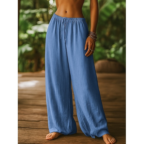 Damen Hose aus Baumwollleinen Weites Bein Chinos Hosen Hose Urlaub Basic Lässig Volle Länge Hohe Taille Einfach Tasche Elastischer Bund Bequem Komfort Weich Mikroelastisch Täglich Outdoor Straße Blau Image
