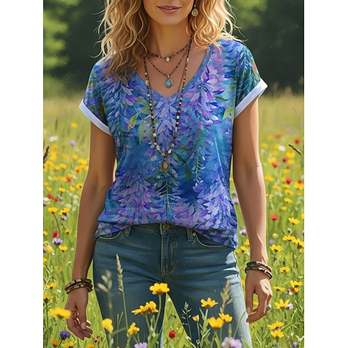 Damen T Shirt Druck Blumen Grafik Bohemien Vintage Lässig Kurzarm V Ausschnitt Normale Oberteile Täglich Blau Rote Purpur Grün Sommer Frühling Image