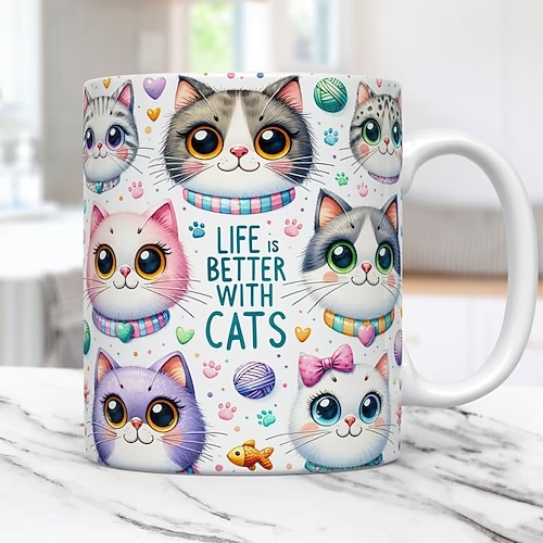 Niedlicher 3D-Kaffeebecher (325 ml) mit Katze, Kaninchen und Vogelmotiv, isolierter Keramikbecher, wiederverwendbar, nur Handwäsche, bezauberndes Tierdesign mit Blumen, perfektes Geschenk für Image