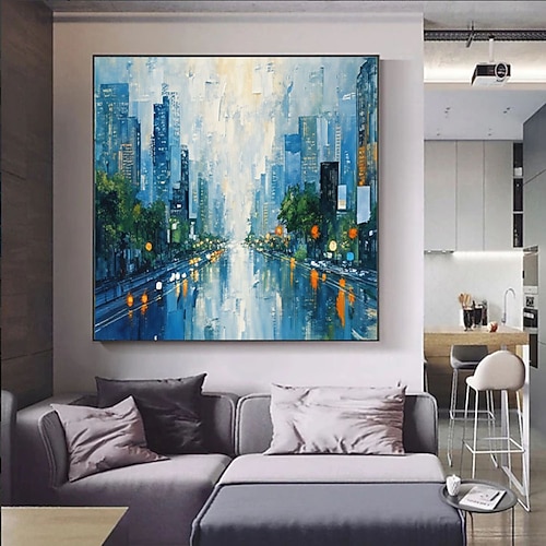Großes blaues Leinwandbild für die Wand, abstrakte Wanddekoration für das Wohnzimmer, Stadtansicht-Gemälde, Kunstwerk für dekorative Gemälde, türkis und weiß, moderne Kunst für Büro und Schlafzimmer Image