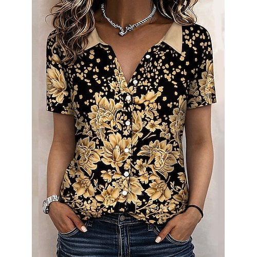 Damen Hemd Blumen Grafik Bohemien Vintage Tropisch Ärmellos Kurzarm Hemdkragen Normale Oberteile Täglich Blau Braun Grün Leicht Blau Sommer Frühling 1950s Interstellar Atom Image