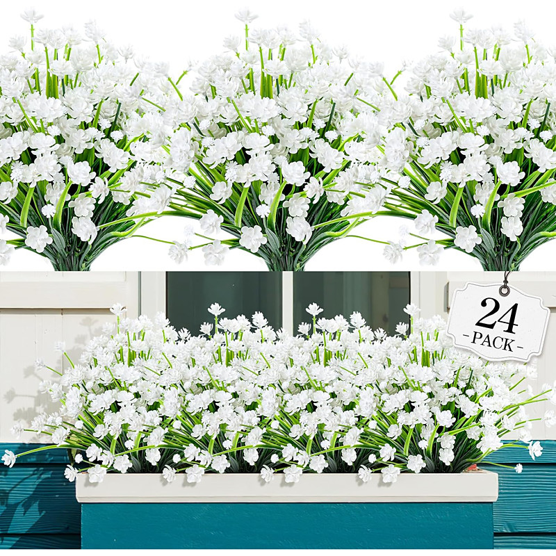 24 Bundles Artificial Flowers Outdoor,No Fade Fake Plastic Flowers Faux Plants for Decoration Hanging Planters Indoor Outside Garden Porch Window Box Home Farmhouse Wedding
