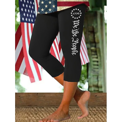 Unabhängigkeitstag Patriotic Damen Capri-Hosen Leggings Urlaub Vintage Mode Knöchellange Mittelhöhe Hosen Grafik Flagge Amerikanische Flaggen Druck Komfort Weich Atmungsaktiv Dehnbar Lässig Täglich Image