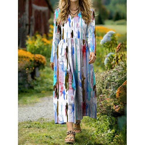 Damen Midikleid A Linie Kleid Urlaub Lässig Täglich Ferien Normale Passform Grafik Geometrisch Langarm V Ausschnitt Blau Purpur Orange Grün Sommer Frühling Image