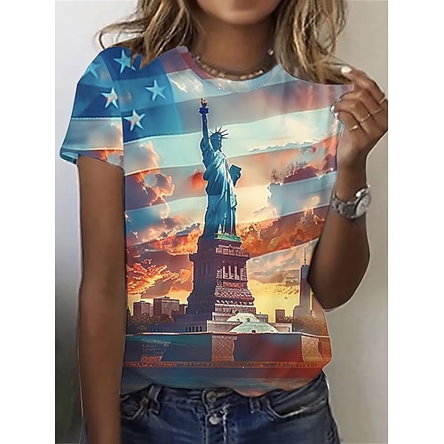 Amerikanischer Unabhängigkeitstag Damen T Shirt Druck Grafik Flagge Stilvoll Klassisch Lässig Kurzarm Rundhalsausschnitt Rundhals Normale Oberteile Täglich Blau Schwarz Rote Sommer Frühling Image