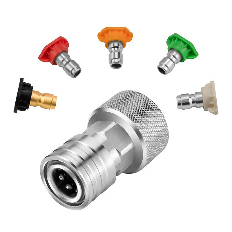 Garden Hose to Mini Power Washer Adapter-3/4 GHT to 1/4, Garden Hose Pressure Washer Attachment, Convert Water Hose to Power Washer Connector, Stainless Steel (Connector 5 Nozzle Set)