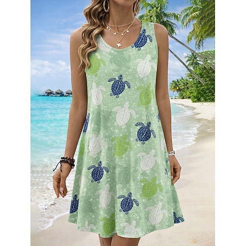 Damen Minikleid Sommerkleid A Linie Kleid Urlaub Lässig Boho Strand Party Hochzeit Normale Passform Grafik Tiermotiv Ärmellos U-Ausschnitt Rundausschnitt Blau Weiß Orange Grün Sommer Frühling