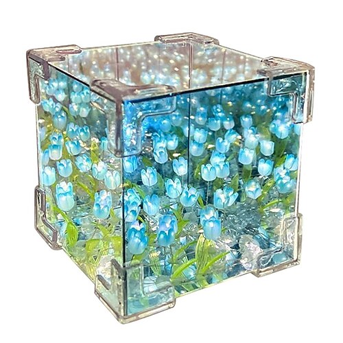 Künstliche Tulpen als DIY-Würfel-Spiegelbox mit Nachtlicht, florales Geschenk zum Muttertag, Geburtstag, romantische Dekoration Wohnambiente, Selbstmontage-Set Image