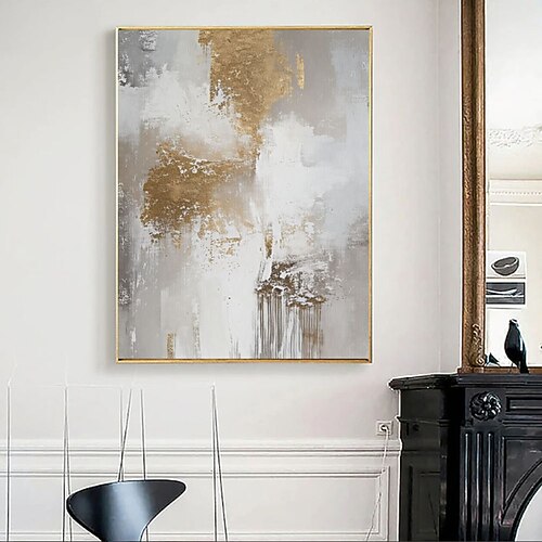 handgemaltes, großes, abstraktes Gemälde in Gold und Weiß auf Leinwand, strukturiertes, modernes Kunstwerk für die Wandgestaltung im Wohnzimmer, Ölgemälde. Image