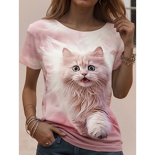 Damen T Shirt Druck Grafik Tiermotiv Katze Vintage Stilvoll Klassisch Kurzarm Rundhalsausschnitt Normale Oberteile Täglich Wochenende Aprikosen-Rosa Rosa Khaki Sommer Frühling Herbst Image