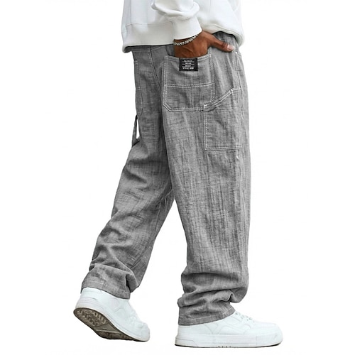 Herren Leinenhosen Hose Sommerhose Baggy-Hosen Tasche Elastischer Bund Gerader Schnitt Einfarbig Bequem Atmungsaktiv Volle Länge Lässig Täglich Ferien Urlaub Mode Schwarz Weiß Unelastisch Image