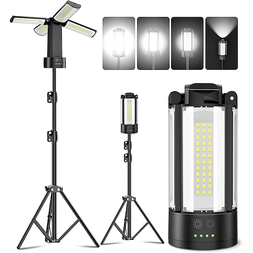 Wiederaufladbare Campinglampe mit Stativ, tragbare Arbeitsleuchte mit 4 LED-Lampenköpfen (6000 K), magnetische Arbeitsleuchte, Camping-Notfalltaschenlampe mit abnehmbarem Stativ Image
