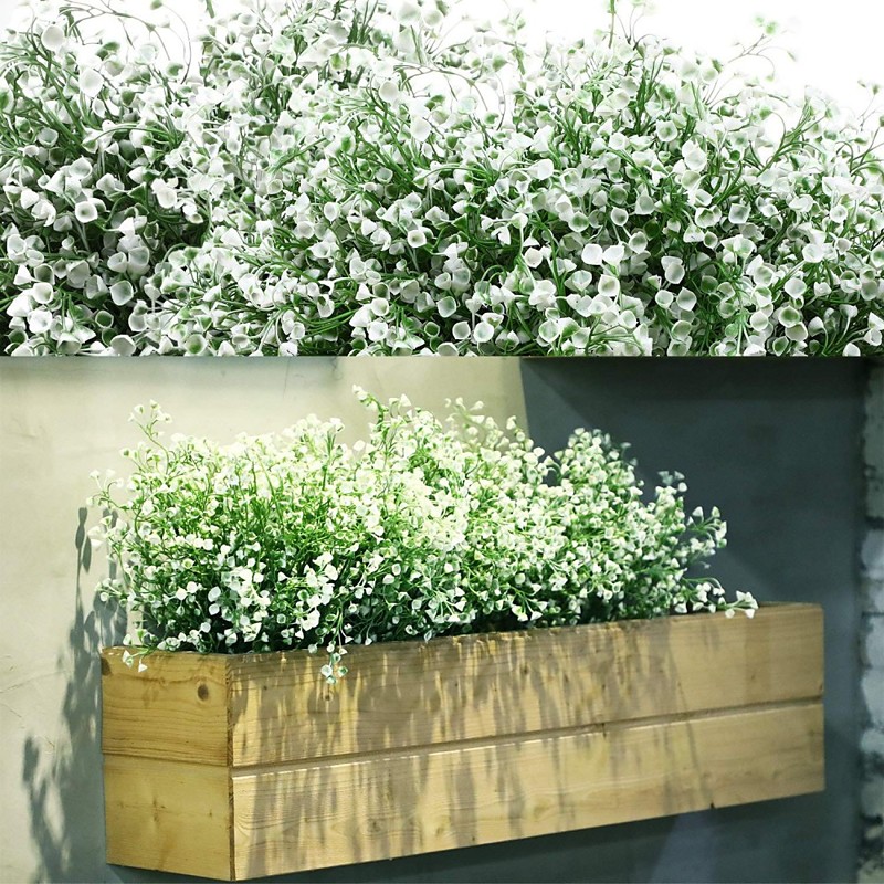 24 Bundles Spring Artificial Flowers Outdoor, UV Resistant Fake Plastic Plants, Faux Shrubs with Lily of the Valley Baby's Breath Style, Forsythia Greenery Leaves, for Home Yard Garden Porch Hanging