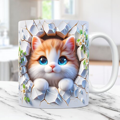 Niedlicher 3D-Kaffeebecher (325 ml) mit Katze, Kaninchen und Vogelmotiv, isolierter Keramikbecher, wiederverwendbar, nur Handwäsche, bezauberndes Tierdesign mit Blumen, perfektes Geschenk für Image