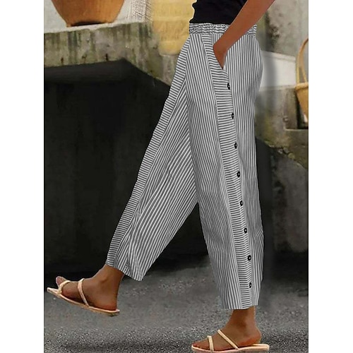 Damen Hose aus Baumwollleinen Chinos Gerade Basic Lässig Volle Länge Hohe Taille Gestreift Tasche Elastischer Bund Drucken Bequem Weich Dehnbar Täglich Outdoor Straße Schwarz Weiß Königliches Blau Rot Image