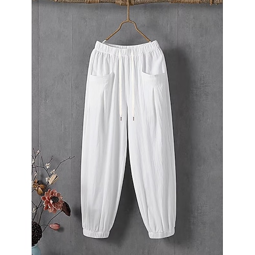 Damen Hose aus Baumwollleinen Hose Haremshose Freizeithose Urlaub Mode Streetwear Knöchellang Hohe Taille Einfach Tasche Elastischer Bund Bequem Unelastisch Täglich Urlaub Straße Schwarz Weiß Rote Image