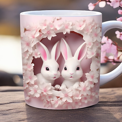 Niedlicher 3D-Kaffeebecher (325 ml) mit Katze, Kaninchen und Vogelmotiv, isolierter Keramikbecher, wiederverwendbar, nur Handwäsche, bezauberndes Tierdesign mit Blumen, perfektes Geschenk für Image