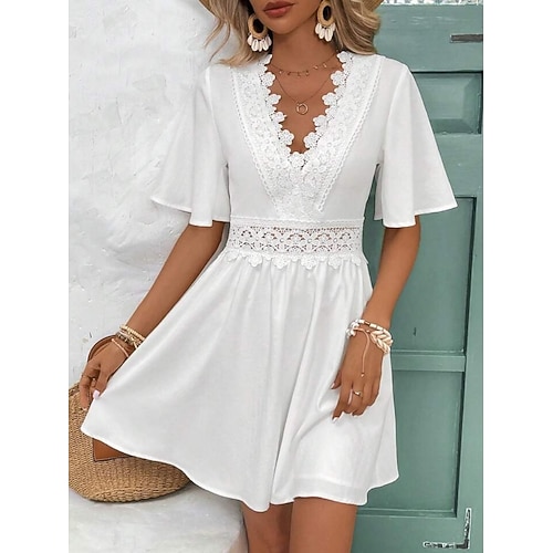 Damen Minikleid Spitzenkleid Weißes Kleid Elegant Mode Modern Outdoor Urlaub Ausgehen Normale Passform Einfach Kurzarm V Ausschnitt Schwarz Weiß Sommer Frühling Image