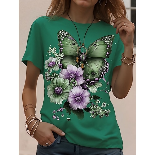 Damen T Shirt Druck Grafik Tiermotiv Vintage Stilvoll Klassisch Kurzarm Rundhalsausschnitt Rundhals Normale Oberteile Täglich Wochenende Schwarz und weiss Rote Grün Sommer Frühling Herbst Image