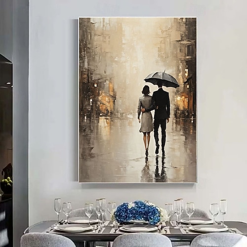Paar mit Regenschirm – Landschaftsbild für Wohnzimmer, Lobby oder als Wanddekoration auf Leinwand. Modernes, romantisches Leinwandbild: Liebende mit Regenschirm. Image
