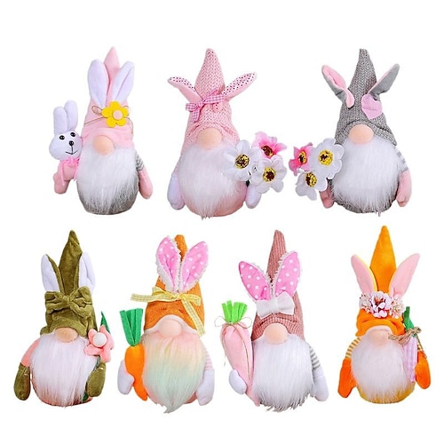 Osterkorb-Füller 7er Pack Hase Gnome Plüsch Osterdekorationen für Zuhause Frühlings Tomte mit Hasenohren und Karotte mehrschichtige Tablett Dekor glückliche Feiertagsornamente Oster Geschenk für Image