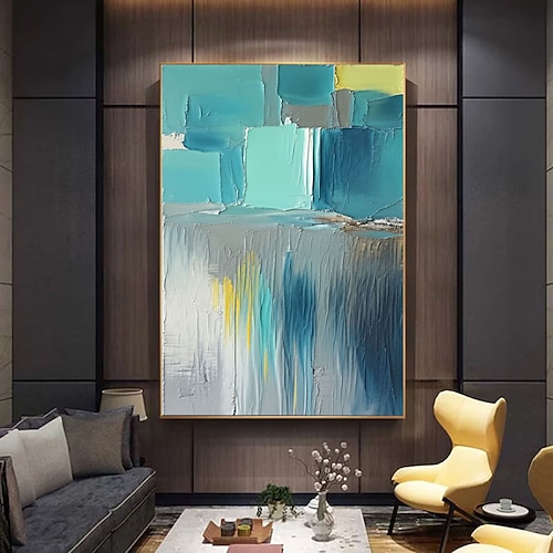 Extra großes blau-graues Ölgemälde mit Blockstruktur auf Leinwand, abstraktes minimalistisches Wandbild, originelle farbenfrohe Boho-Dekoration für Wohnzimmer und Zuhause Image