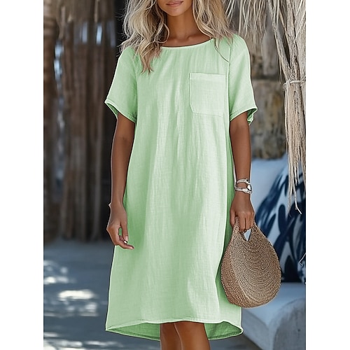 Damen Knielanges Kleid Freizeitkleid Baumwoll-Kleid T-Shirt-Kleid Mode Modern Täglich Urlaub Ausgehen Lässiger Schnitt Einfach Kurzarm Rundhalsausschnitt Blau Weiß Rosa Grün Sommer Frühling Image