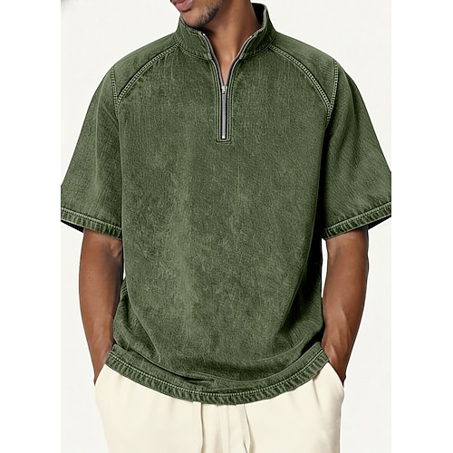 Herren Jeanshemd Hemd aus 100 % Baumwolle in Säurewaschung T-Shirt Kurzarm Stehkragen Sommer Frühling Herbst Einfach Vintage Streetwear Lässig Reißverschluss Basic Lässig Heim Straße Schwarz Rosa Image