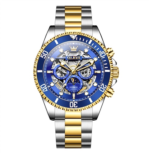 Neue Herren-Businessuhr der Marke Olevs mit Nachtlicht, Kalender, 24-Stunden-Anzeige, Mondphase und Wochentagsanzeige. Vollautomatische mechanische Seiko-Uhr für modische und lässige Anlässe, Image