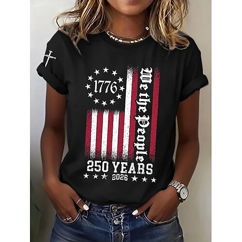 Unabhängigkeitstag Amerikanisches 250. Jubiläum Patriotisches Damen T-Shirt Druck Grafische Flagge Amerikanische Flagge Stilvoll Klassisch Lässig Kurzärmlig Rundhals Reguläre Tops Alltag Blau Schwarz Image