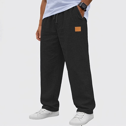 Herren Leinenhosen Hose Sommerhose Baggy-Hosen Freizeithose Kordelzug Elastischer Bund Gerader Schnitt Einfach Komfort Atmungsaktiv Volle Länge Täglich Outdoor Ferien Mode Klassicher Stil Schwarz Weiß Image